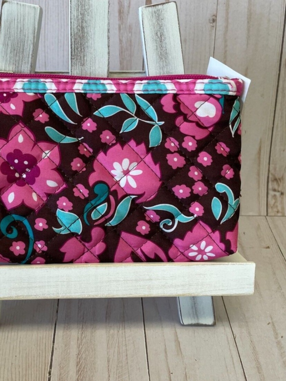 Allegro Zip Top Cosmetic Case Bag Travel 7" x 4.5" Brown Pink Aqua Floral NEW